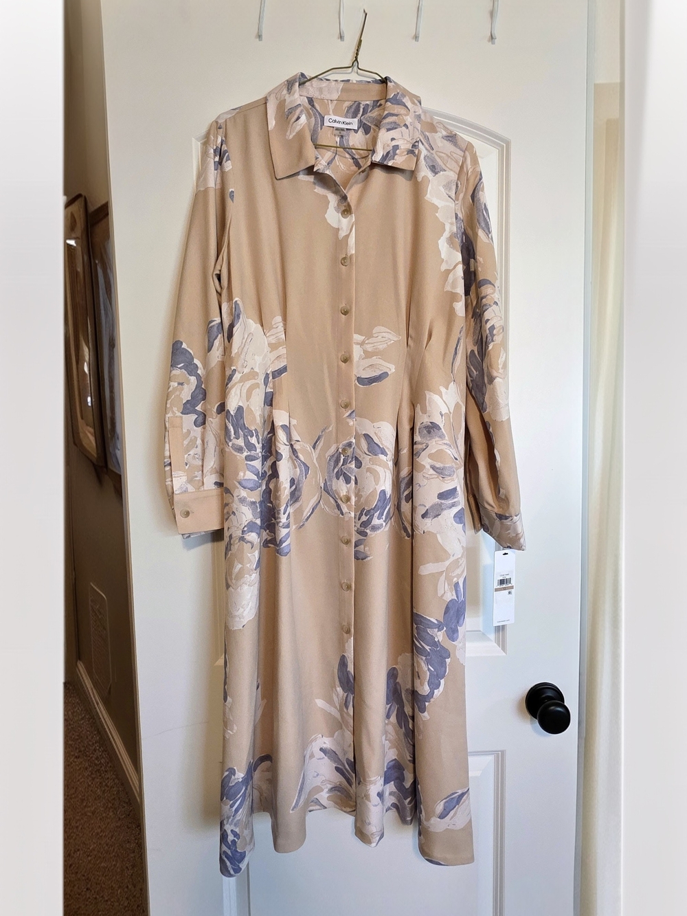 Calvin Klein Tan Floral Long-Sleeve Button Dress